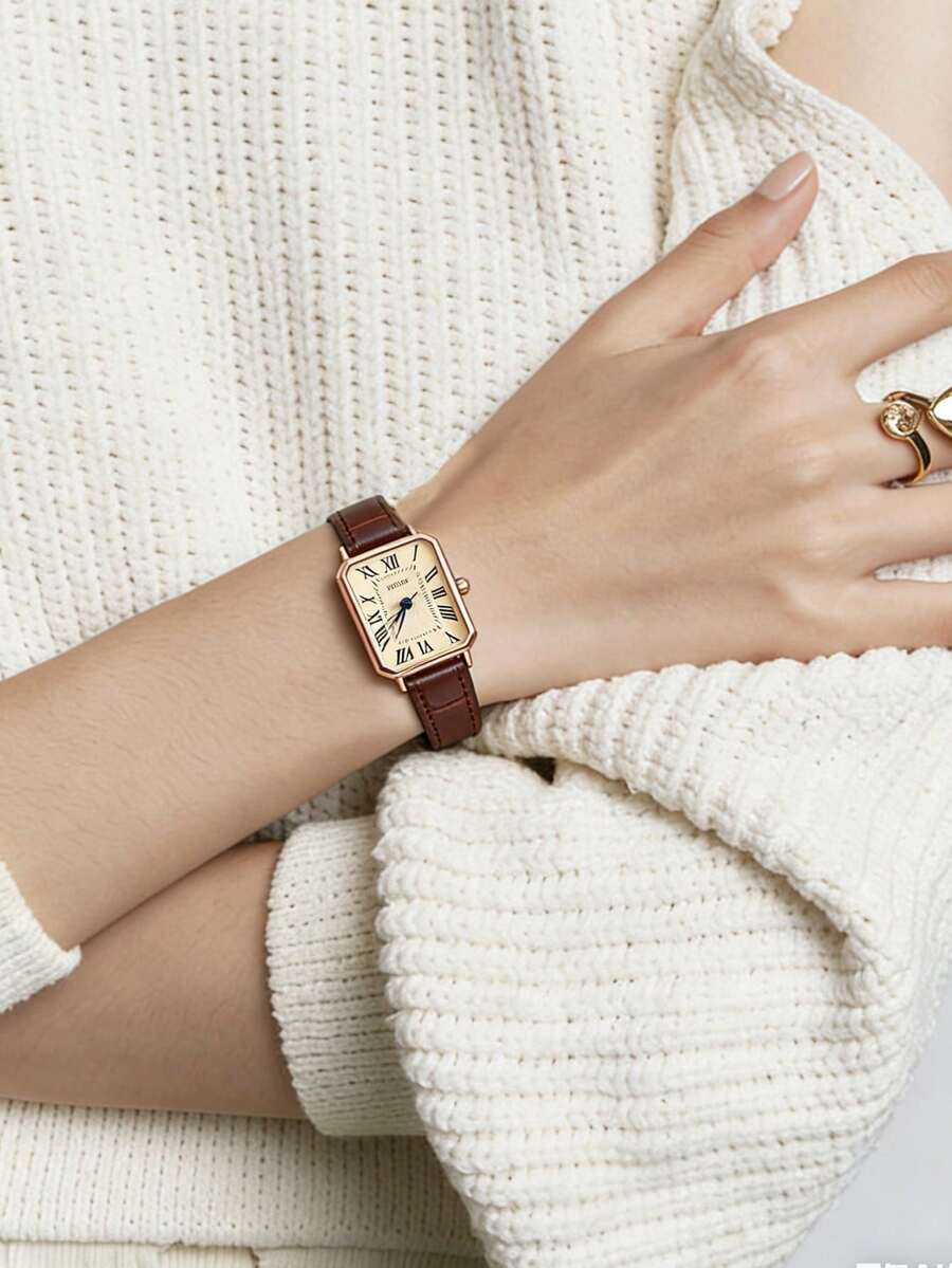 1pc Minimalist Vintage Aesthetic Square Dial Watch, Suitable For Daily Outfit, Birthday, Women's Gift, Anniversary, Singles' Day, Halloween Promotion, No Gift Box - Brown - View 1