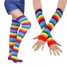 Benefeet Sox Womens Rainbow Striped Knee High Thigh High Socks Arm Warmers Set Fingerless Gloves Halloween Costume - 紫色彩虹條紋 - 查看 3