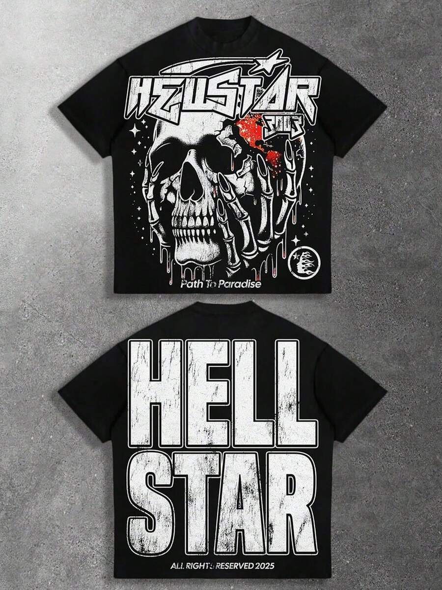 100% Cotton Material, Men's Summer Shirt,  Heavy Metal Aesthetic  Aggressive Skull Graphic  T-Shirt, Suitable For Adults' Wear, Casual And Fashionable, Versatile For All Occasions, Urban Style, Suitable For Costume At Carnivals And Valentines Day, And Also A Choice For Daily Casual Wear.Vintage T Shirts,Camisetas Para Hombre,Graphic T Shirts - Black - View 1