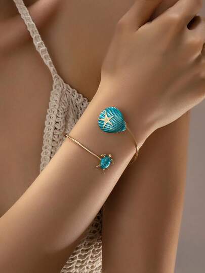 1 Pc Elegant Starfish Sealife Cuff Bracelet For Women, Fashionable Vacation Style Fan Shell Arm Band Cuff Bangle , Beach Jewelry Suitable For Bikini Outfit