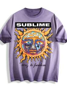 Dirty Wash T-Shirt Men Women Unisex Distressed Vintage "Sun" Rock Band Grunge Oversized Short Sleeve Top - Màu tím bẩn - Xem 1