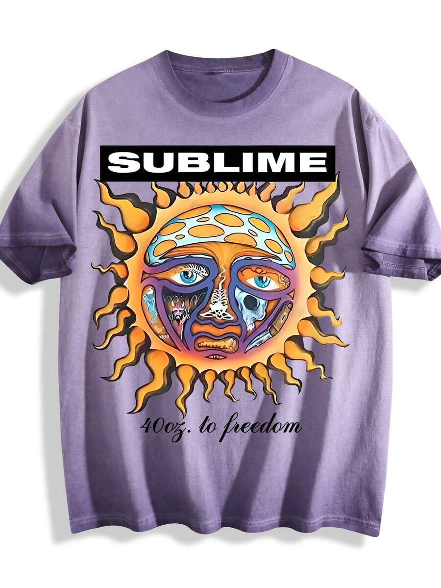 Dirty Wash T-Shirt Men Women Unisex Distressed Vintage "Sun" Rock Band Grunge Oversized Short Sleeve Top - Màu tím bẩn - Xem 1