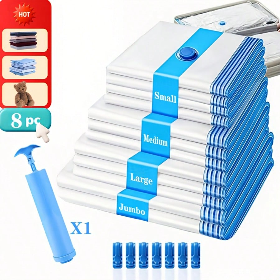 8pcs Travel Organizer Set - Vacuum Storage Bags (2pcs 11.81*15.75in + 2pcs 11.81*19.69in + 2pcs 15.75*15.75in + 1pc 15.75*19.69in + 1pc Travel Hand Pump), Suitable For Backpack, Suitcase, Travel Bag, Drawers