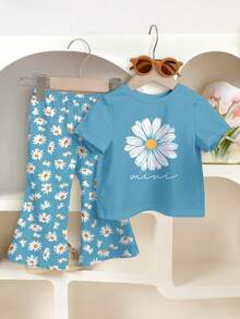 2pcs/Set Baby Girls' Casual Floral Print Short Sleeve T-Shirt And Elastic Waist Flare Pants Set, Summer Outfit For Baby Girl, 6-9M, 9-12M, 12-18M, 18-24M, 2-3Y - Blue - View 1