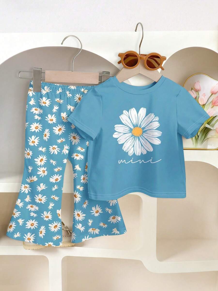 2pcs/Set Baby Girls' Casual Floral Print Short Sleeve T-Shirt And Elastic Waist Flare Pants Set, Summer Outfit For Baby Girl, 6-9M, 9-12M, 12-18M, 18-24M, 2-3Y - Blue - View 1