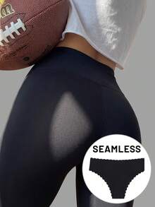 弹性罗纹无缝三角内裤，透气黑色舒适三角裤，波浪边女士内裤，女士夏季内衣 - 黑色 - 查看 3