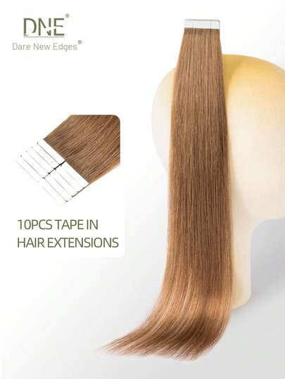 DNE HAIR 10pcs Tape In Hair Extensions 100% Human Hair #6 Light Brown Straight Style In 14-22 Inch Lengths Extensions Silky Seamless Invisible Top Quality Thick Ends Healthy Human Hair Extensions For Thin Hair And Salon Use And For All Women/Girls Daily Use