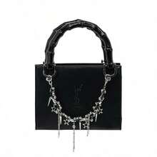 Yves Saint Laurent [Customized Makeup Bag] Black Leather Handbag, Stylish And Unique, Featuring Chain Embellishments; A High-End, Classic, And Versatile Design. - Black - View 10