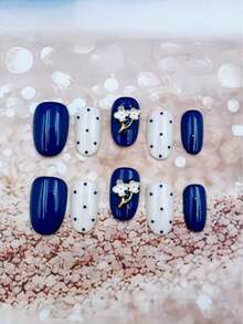 10pcs Set Of Handmade Nail Stickers, Navy Blue Almond Shape, Beautiful Fragrance Style French Manicure Stickers, Matte Nail Stickers - Navy Blue - View 8