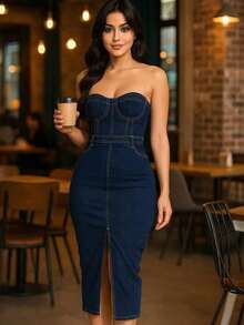Maxi Denim Tube Dress - Dark Wash - View 2