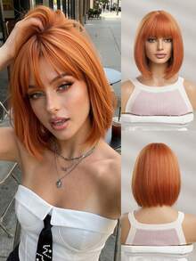 12英寸时尚橙色短款波波头假发，适合女性 - 新手友好，耐热合成纤维刘海，适合日常佩戴和角色扮演 - 臟橘色 - 查看 2