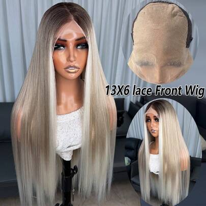 13x6蕾丝前假发，金色渐变，28英寸长直发合成纤维，无需胶水，耐用合成纤维，自由分缝，150%密度，高清透明，即戴即走，耐热纤维，适合日常、派对、度假及其他场合。