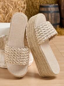 Hemp Rope Sole Wedge Thick Bottom Unique One-Strap Platform Fashion Women Shoes - Silver - View 3