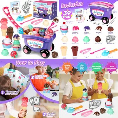 Ice Cream Cart Toy Ice Cream Shop Playset For Grocery Store Pretend Play Food Toys Shopping Cart For Toddlers Scoop And Serve Counter Educational Toys For 3 4 5 6 Years Old Girl BoyChildren's Joyful Games, Essential Toys For Children