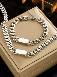 2pcs/Set Stainless Steel Thick Chain Necklace + Bracelet, Hip-Hop Fashion Jewelry Set, Non-Fading, Suitable For Daily Wear - Silver - View 2