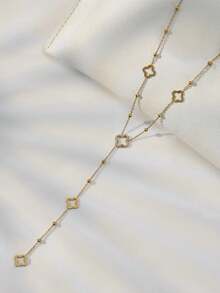 1件18K镀金立方氧化锆四叶草吊坠不锈钢项链，女士Y形串珠项链，适合日常佩戴和送礼，性感锁骨链饰（项链上的金珠数量随机） - 金色 - 查看 3