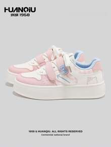 HUANQIU Giày thể thao nữ thường ngày, họa tiết nơ, mũi tên, kẻ caro và hình mèo dễ thương. - Màu Hồng baby - Xem 1