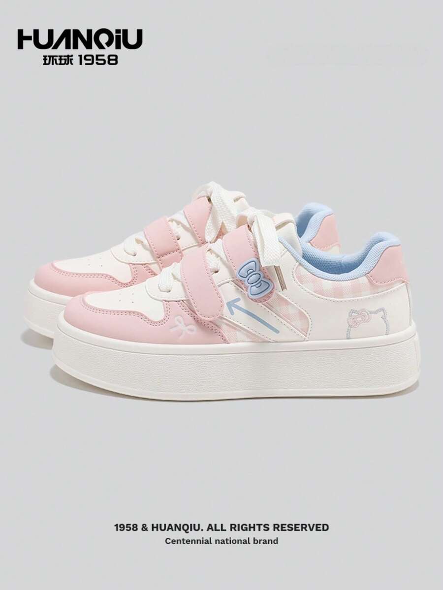 HUANQIU Giày thể thao nữ thường ngày, họa tiết nơ, mũi tên, kẻ caro và hình mèo dễ thương. - Màu Hồng baby - Xem 1