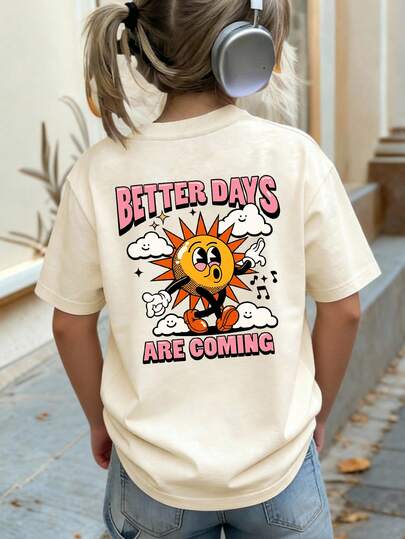 Tween Girls Students Casual Printed Round Neck Short Sleeve T-Shirt, Summer Top