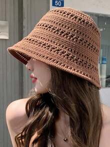 1顶夏季时尚镂空针织渔夫帽，女士户外小宽檐针织帽，休闲百搭遮阳帽 - A - 查看 7