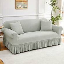 1PC Stretch Sofa Cover With Pleated Skirt High Elasticity High Quality One Piece Design Sofa Cover Solid Color Dust Proof And Non Slip Sofa Cover Suitable For Bedroom Office Living Room And Home Decoration Valentine's Day Gifts Valentine's Day Decorations - 淺灰色 - 查看 2