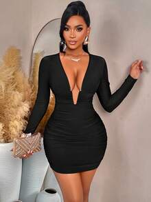 AIJ Amarilo Elegant Sexy Women's Short Deep V-Neck Long Sleeve Ruched Bodycon Mini Dress, Suitable For Parties And Night Out Black Spring - Black - View 7