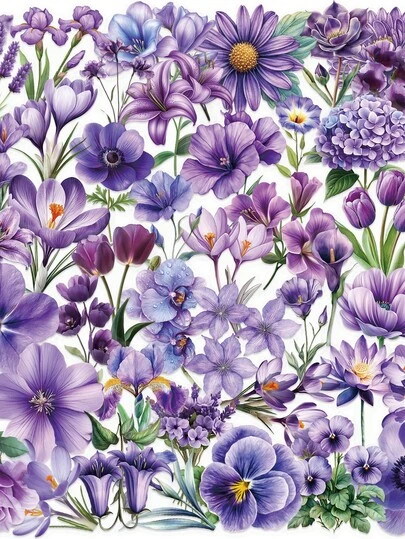 50 szt. wodoodpornych, fioletowych naklejek kwiatowych, transparentnych, romantycznych, matowych, do laptopów, etui na telefony, kubków – kreatywne, dekoracyjne naklejki DIY