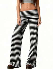 Women Low Waist Loose Fit Striped Folds Over Wide Leg Pants Lounge Home Sweatpants - 灰色 - 查看 4