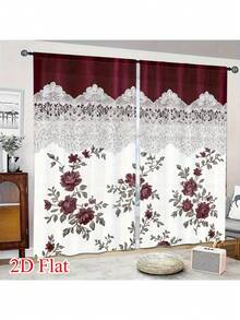 2D Flat, 2pcs Modern European Floral Curtains - Semi-Sheer Filtering Light Privacy Window Drapes With Burgundy Floral Pattern On White, Soft Textured Polyester Fabric, Light Filtering & Thermal Insulating Window Treatments For Living Room & Bedroom - Multicolor - View 3