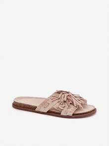 Ciabatte da donna eleganti e confortevoli Glorinna con frange, su suola piatta con sottopiede profilato, perfette per gli stili estivi beige e nere - Beige - Visualizzare 2
