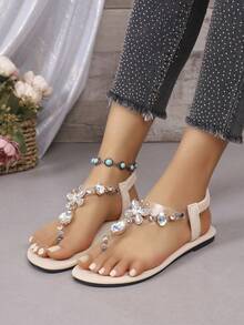 Rhinestone Embellished Flat Sandals, Suitable For Summer Dresses, Beach And Roman Style - Off White - View 2