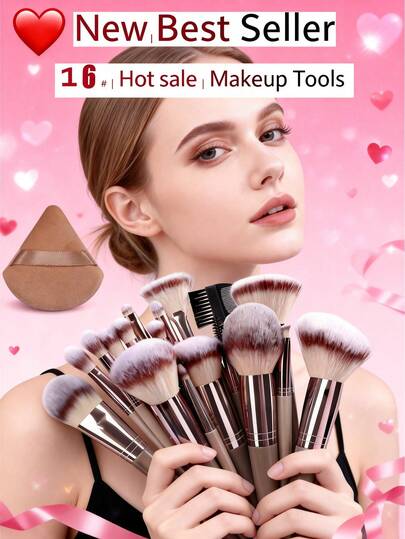 16pcs Professional Makeup Brush Set, Including 1pc Powder Brush, Blush Brush, Eyelash Brush, Eyebrow Brush, Detail Brush, Full Makeup Tools For Foundation, Blush, Concealer And Eyeshadow - Polyester Bristles, ABS Handles, Suitable For Beginners And Professionals, Essential For Makeup Artists | Fashionable Brush Design | Makeup Brushes With Soft Synthetic Bristles, Can Create Perfect Makeup, Makeup Brush Set, Gift For Valentine's Day And Mother's Day