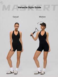 MASKERT 女士露背运动连体裤，适合瑜伽、网球、高尔夫、户外运动、休闲通勤，舒适亲肤，黑色 - 黑色 - 查看 2