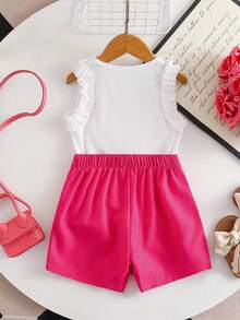 少女时尚T恤套装，3D爱心设计，休闲裤裙，女童套装，舒适外套，可爱搭配，时尚女童服装 - 玫紅色 - 查看 8