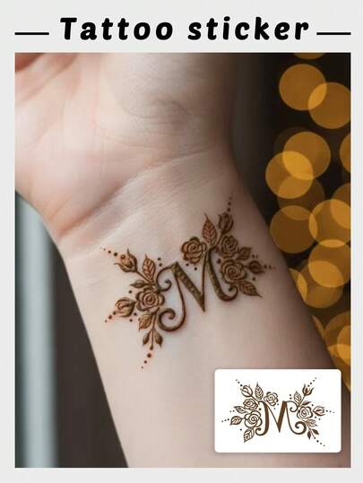 1片时尚可水洗海娜风格M字母玫瑰临时纹身贴纸，防水防汗持久手腕装饰贴，复古植物设计，适合人群