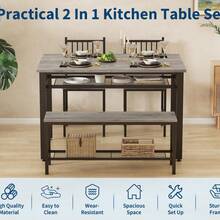 Farmhouse Dining Table Set for 4 with Storage Shelf, 47 inch Kitchen Table with Bench and 2 Chairs for Small Space, Apartment, Dining Room - gris - Ver 6