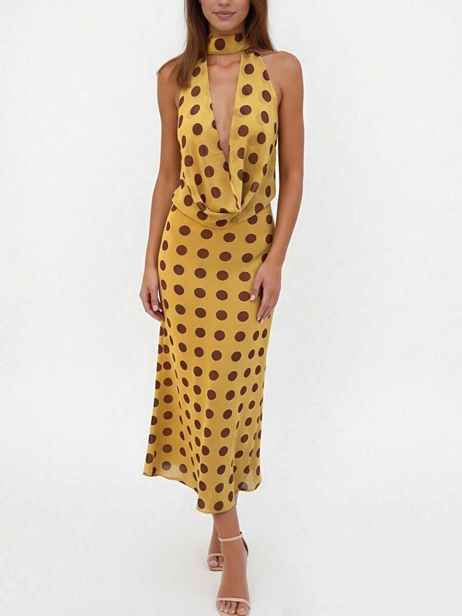 Vestido de mujer con cuello halter, cuello vuelto, estampado de lunares, con lazo en la espalda, vestido de fiesta y bufanda sin espalda, conjunto para club de playa, ropa de calle - Amarillo - Ver 1