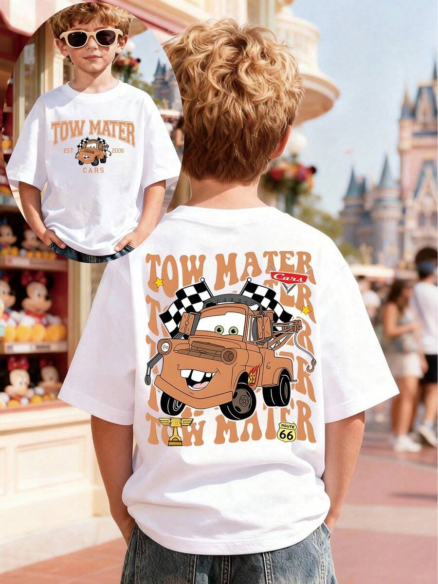 Disney Racing: Cars Double-Sided Printed Summer Boys' Casual Cotton Round Neck Short Sleeved T-Shirt, Suitable For Daily Wear, Travel And Sports, Comfortable And Breathable, Fashionable And Multifunctional, Is The Perfect Gift For Children. - trắng - Xem 1