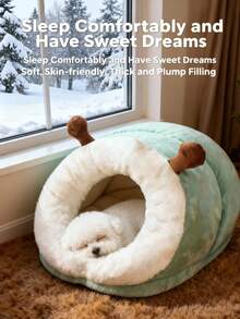 1 pieza Cama para mascotas semi-cerrada y cálida, nido para mascotas acolchado con forro de felpa polar y relleno de algodón PP, cama cueva cálida y acogedora con diseño de agujero de gato lindo para gatos/mascotas pequeñas en invierno - Verde - Ver 6