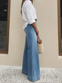 PETITE Women's High Waisted Wide Leg Jeans, Comfortable Lightweight Denim,Washed Stretch Denim Pants, Elegant & Fashionable Long Style,Casual Spring Summer Outfits, Versatile Everyday And Commuting Look, Streetwear, ≥70% Cotton - Blue - View 4