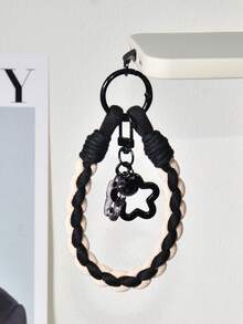 混色编织手机壳挂绳套装（黑色和卡其色尼龙编织），可拆卸腕带，镂空星星吊坠，手机挂件和钥匙扣，优雅创意包包配饰，春季礼物，生日派对礼物 - 黑卡其短繩+星星掛件 - 查看 3