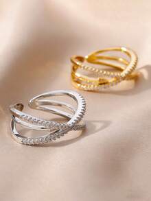 Anillo de cruz de acero inoxidable con baño de oro de 18K y plata, con remaches de circonita cúbica, joyería antidecoloración para mujer, boda, días festivos, regalo del Día de la Madre - Multicolor - Ver 5