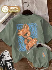 Women's Oversized Y2K 100% Cotton Graphic Tee With Retro Crab & Seaweed Print, Front & Back Design, Coastal Beach Casual T-Shirt For Women Reversible Printed T-Shirt For Women, Featuring A Playful Design With Crabs And Seaweed, Perfect For Spring And Summer Unisex Short Sleeve Graphic Tee Casual Crewneck T-Shirt - 白色 - 查看 9