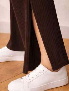 Women's High-Waisted Brown Wide-Leg Pants With Side Slit And Ribbed Pockets - Casual Style - Night/Daily Wear - 咖啡棕 - 查看 3