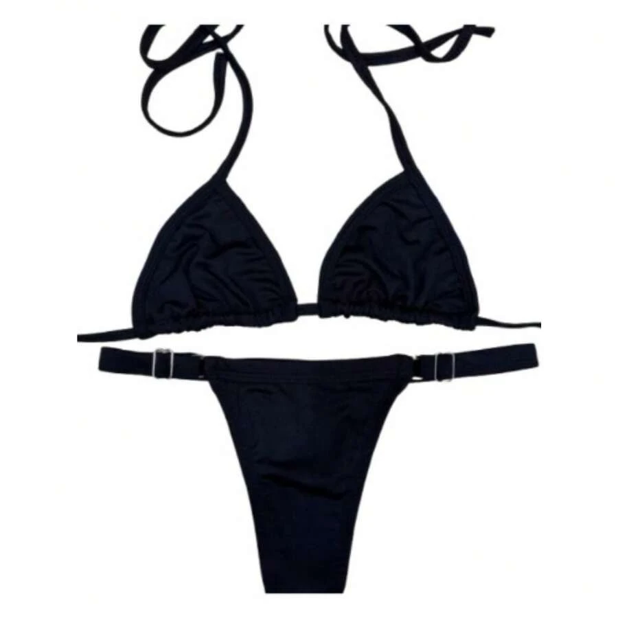 BIQUINI FITINHA AJUSTAVEL  SEXY ELEGANTE MODA FEMININA VERÃO  Praia  Casual  Fofo  elegante  Sensual    Tecido revestido    BIQUINI  Praia  Feriado  Férias    VERÃO - PRETO+PRETO - Visão 1