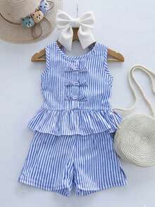 Children's Striped Set: Peplum Top With Bows + Striped Shorts - Blue - View 3