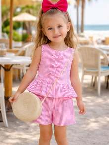 Children's Striped Set: Peplum Top With Bows + Striped Shorts - Hot Pink - View 2