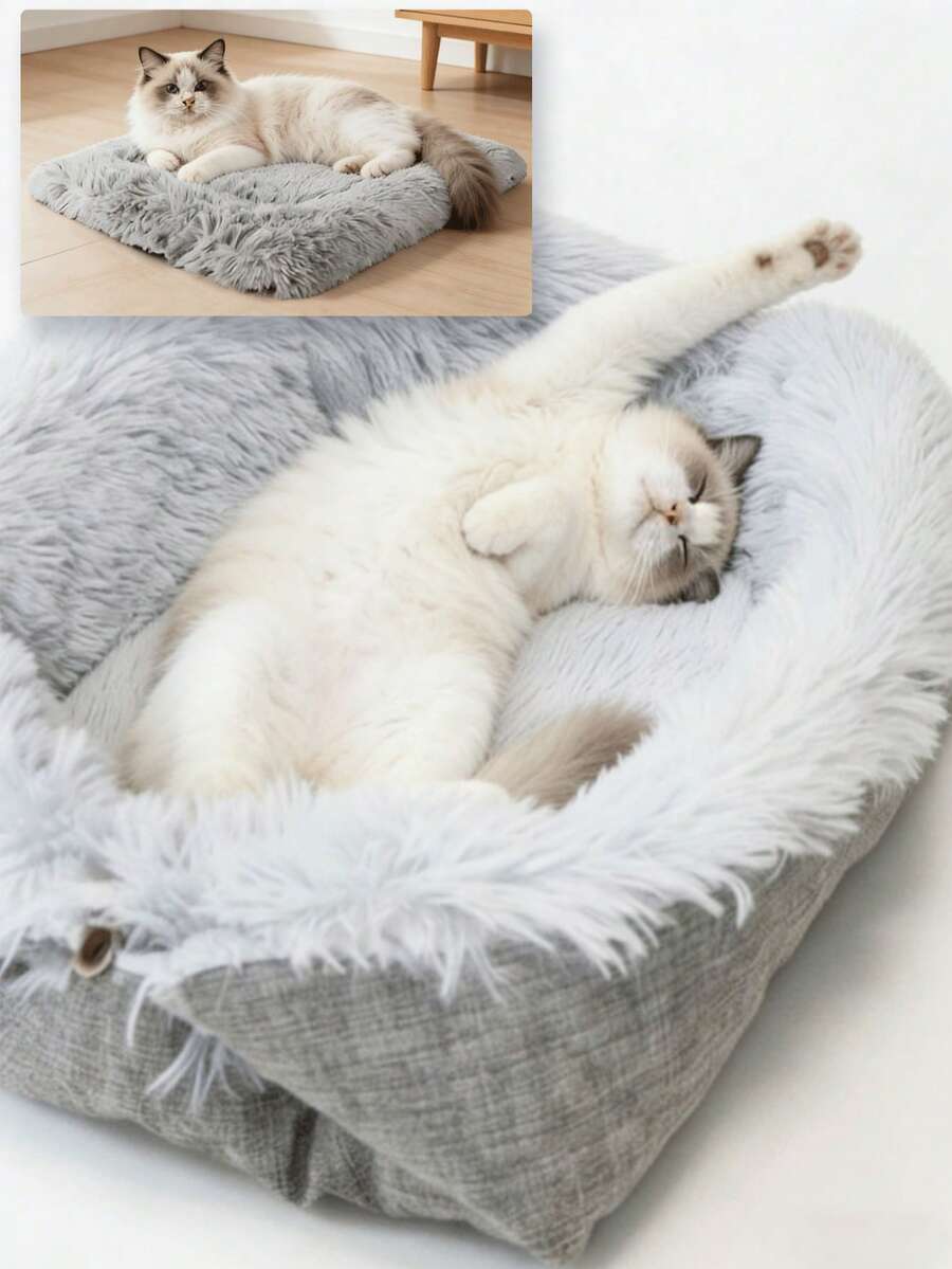 2-In-1 Foldable Pet Bed Mat, Gray, Suitable For All Seasons, Pet Supplies, Cat Bed, Dog Bed, Long Fur Warm, Reversible - Multicolor - View 1