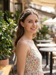 1 tiara com folha de prata e pérolas strass, acessório de cabelo para noivas e madrinhas, laço de fita para fotos de noivado. - Prata - Ver 5