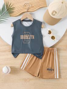 2pcs/Set Boys Casual Outdoor Outfit Classic Retro College Style "BROOKLYN" Letter Graphic Round Neck Tank Top Paired With White Striped Brown Elastic Waist Shorts, Suitable For Baseball Sports School Uniform, Spring/Summer - Multicolor - View 5